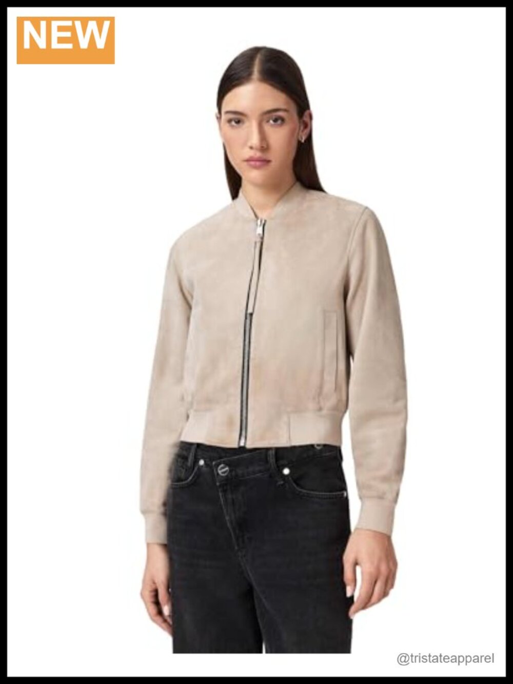 Suede Bomber Jacket, Goat Leather, Zipper Closure, Long Sleeve